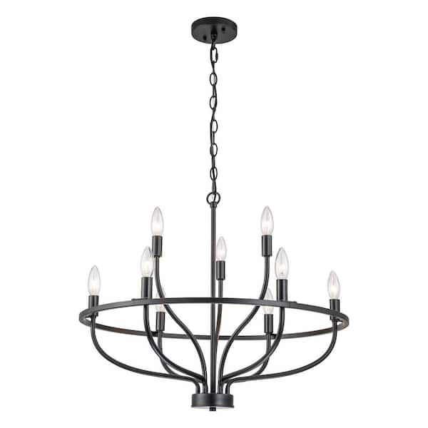 C Cattleya 9-Light Black Farmhouse Wagon Wheel Chandelier for Kitchen Island Dining Room with No Bulbs Included