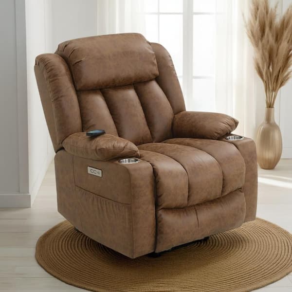 Benjara Mario Brown Leather Glider Power Recliner Chair with Heating Massage