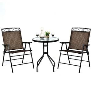 Brown 3-Piece Metal Round Outdoor Bistro Set Patio Pub Dining Set with 2 Folding Chairs & Glass Table