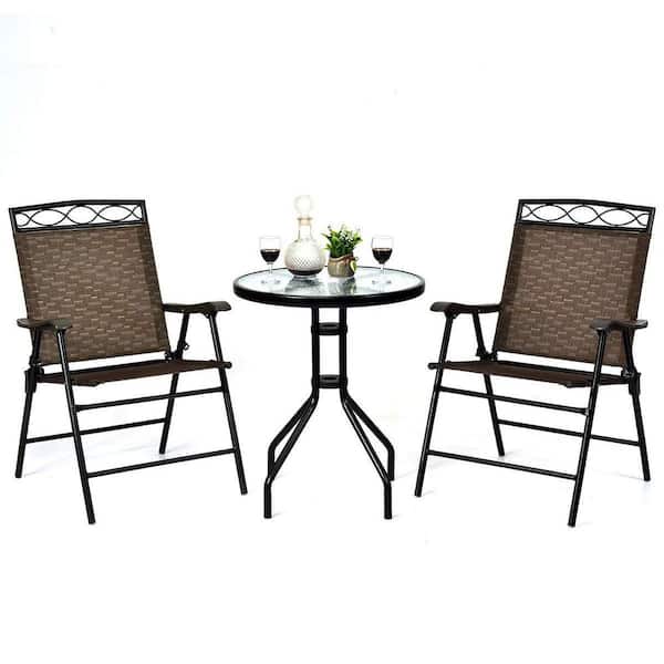Alpulon Brown 3-Piece Metal Round Outdoor Bistro Set Patio Pub Dining Set with 2 Folding Chairs & Glass Table