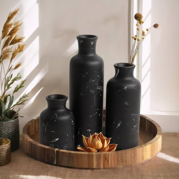 10 in. Small Black Resin Vase Decorative 3 Piece Fake Flower Plant
