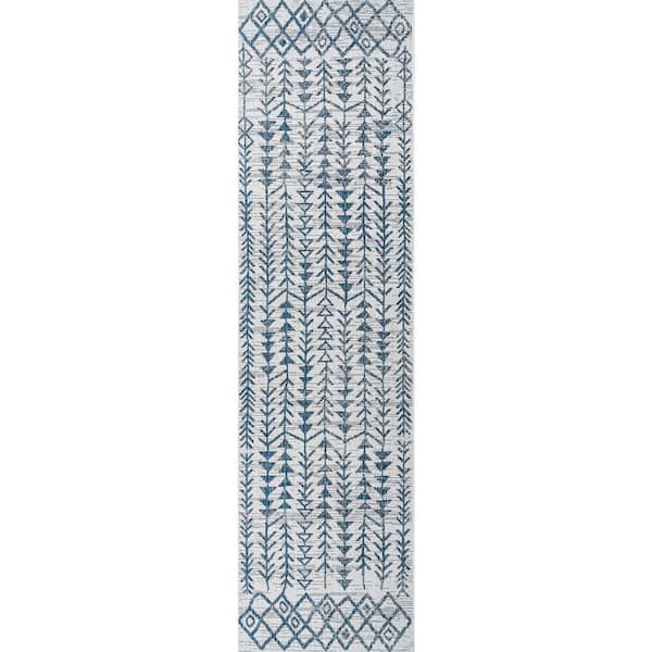 Tokay Bohemian Geometric Ivory/Blue 2 ft. x 10 ft. Indoor/Outdoor Area Rug