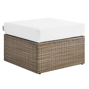 Convene Cappuccino White Wood Outdoor Ottoman with Solid White Cushion