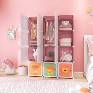 12-Cube Kids Wardrobe Baby Dresser Bedroom Armoire Clothes Hanging Closet with Door Pink