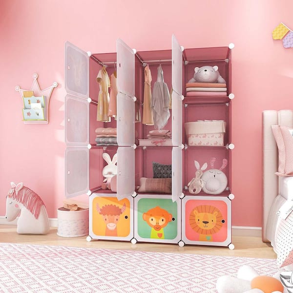 12-Cube Kids Wardrobe Baby Dresser Bedroom Armoire Clothes Hanging Closet with Door Pink