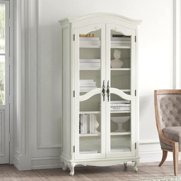 VJIYE 72 in. Tall Satin Pearl Wood French Country Barrister Standard Bookcase with 5 Adjustable Shelves and Glass Doors
