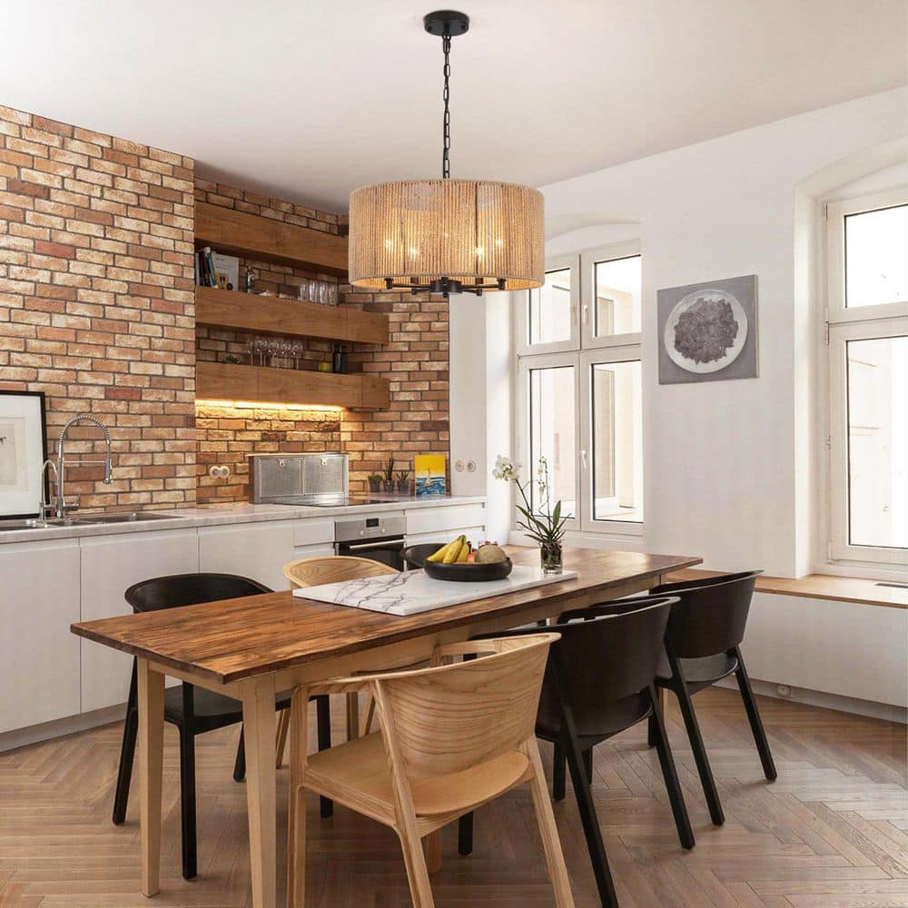 19 in. 5-Light Black Dimmable Bohemian Drum Chandelier Modern Farmhouse Hand-Woven Rattan Shade for Kitchen Island price history on PriceWatchPro