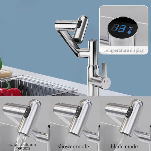 Single-Handle Single Hole Bathroom Sink Faucet with 360° Rotary and Temperature Display in Chrome (1 Pack)