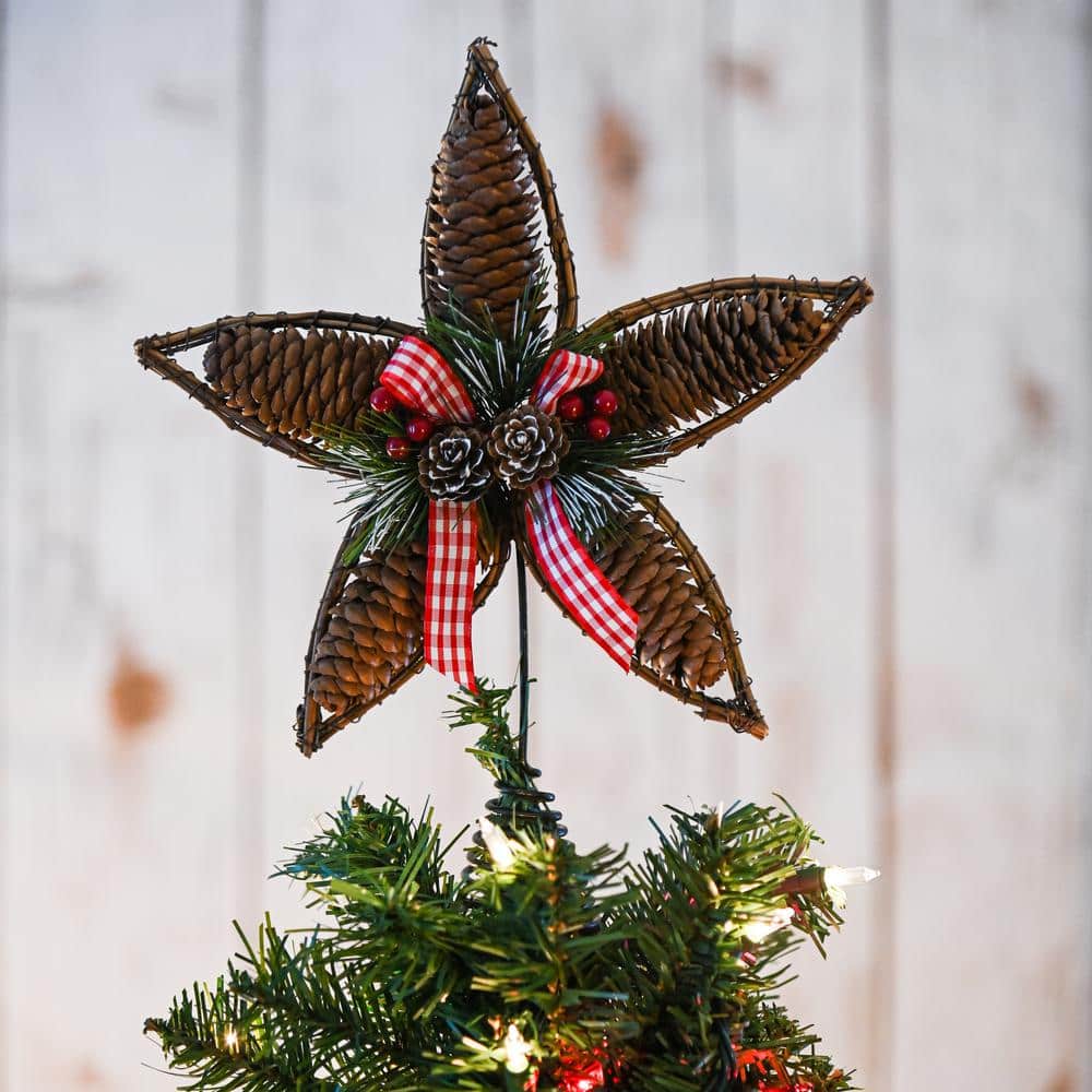 Rustic Rattan Pinecone Star Tree Topper with Holly and Berries