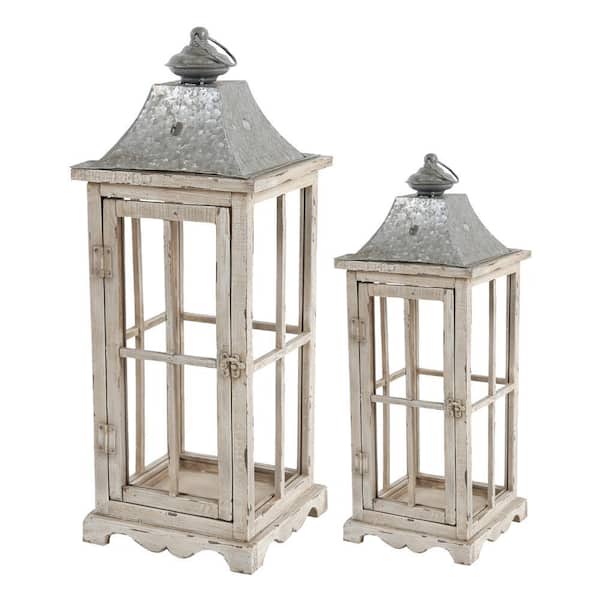 Benjara White Wood and Metal Lanterns with Window Pane Design (Set of 2)