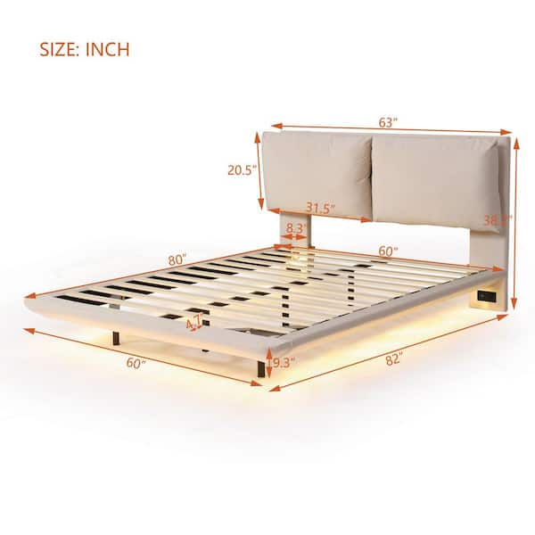 Beige Wood Frame Queen Size Platform Bed with Sensor Light and 2 Large Backrests, 2 sets of USB Port and Socket