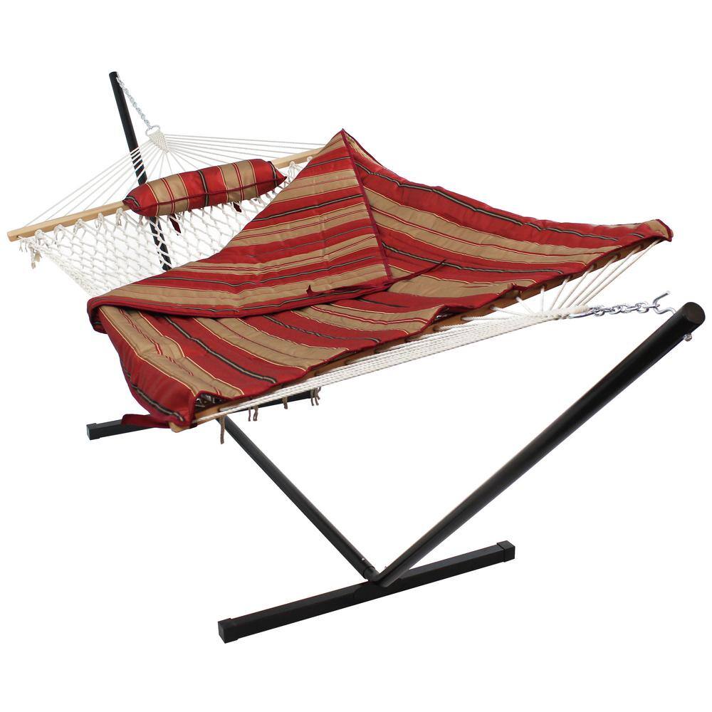 12 ft Red and Brown Striped Rope Hammock with Steel Stand