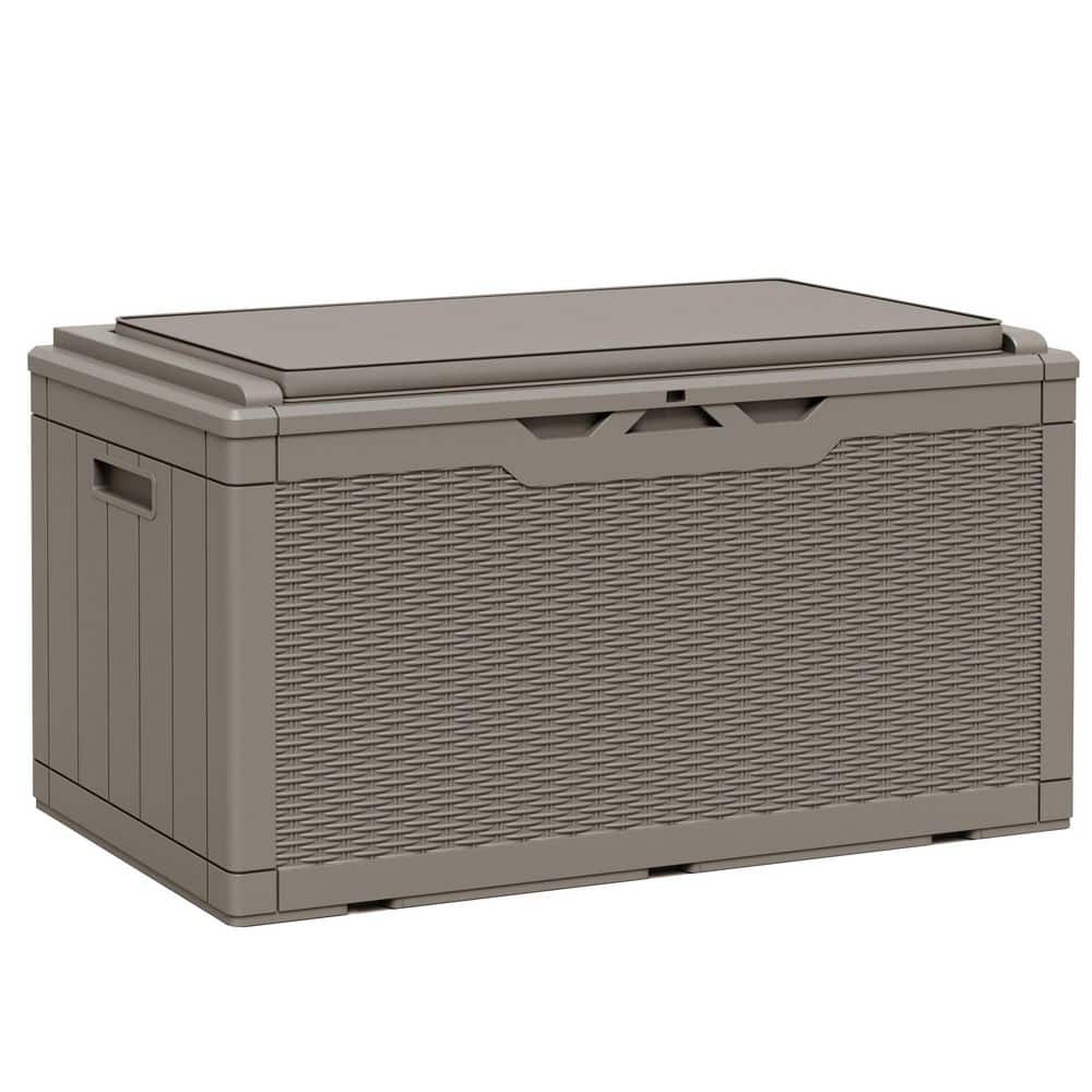 Classics 100 Gal. Light Brown Resin Deck Box with Soft Cushion, Large Lockable Outdoor Storage Box for Patio Furniture