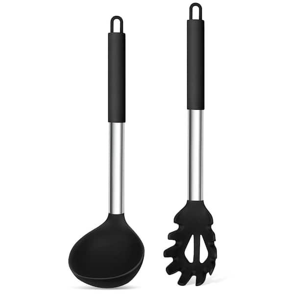 2-Piece Black Silicone Pasta Fork and Soup Ladle Set with Stainless Steel Handle, Nonstick Heat-Proof Kitchen Tools