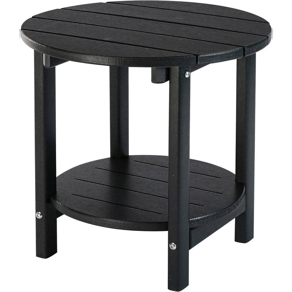 Black Round HDPE Outdoor Side Table with Storage Shelf for Patio, Backyard,
