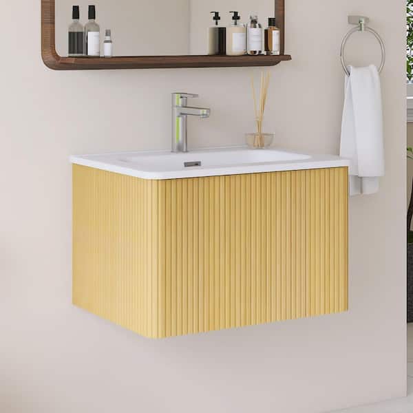 24 in. W x 18.3 in. D x 15.6 in. H Single Sink Wall-Mounted Bath Vanity in Oak with White Ceramic Top