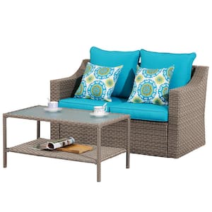 Brown 2-Piece Wicker Outdoor Loveseat Patio 2 Seat Sofa Couch with Blue Cushions and Glass Coffee Table