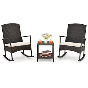 Brown 3-Piece Wicker Outdoor Bistro Set with White Cushions