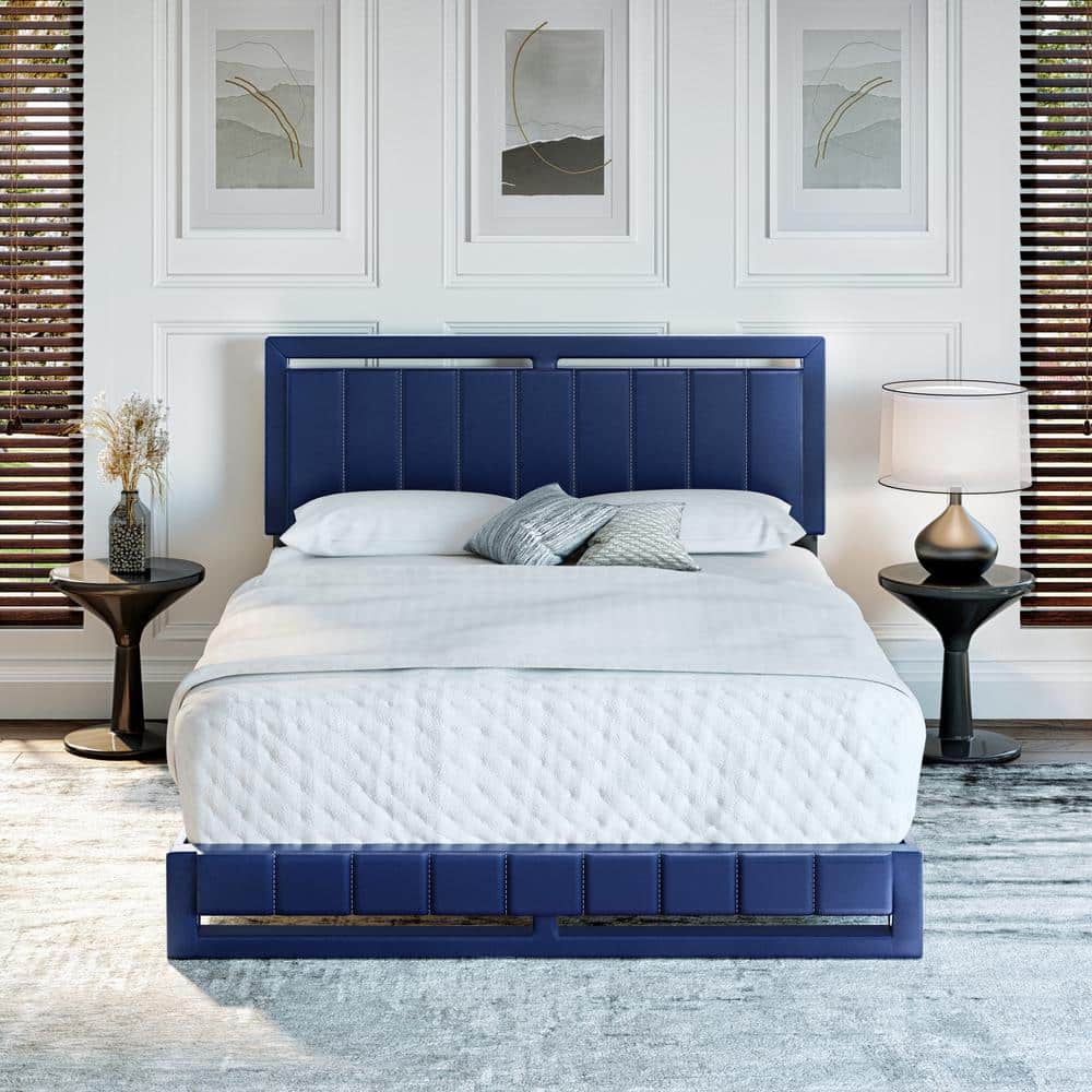 King Blue Faux Leather Upholstered Platform Bed with Tufted Headboard