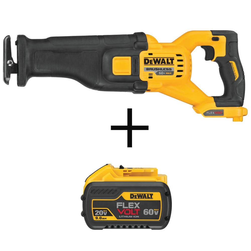 FLEXVOLT 60-Volt MAX Li-Ion Cordless Brushless Reciprocating Saw with FLEXVOLT 20V/60V Battery Pack 9.0 Ah (Tool-Only) -  DEWALT, DCS389BWDCB60