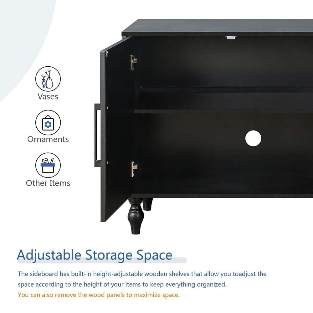 Black 63" MDF Sideboard with Carved Flower Doors and Metal Handles