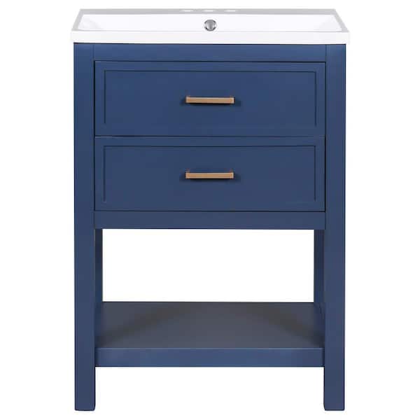 Ziyudura 24 in. Single Sink Freestanding Blue Bath Vanity with White Resin Top, U-shaped Drawer and Storage Shelf