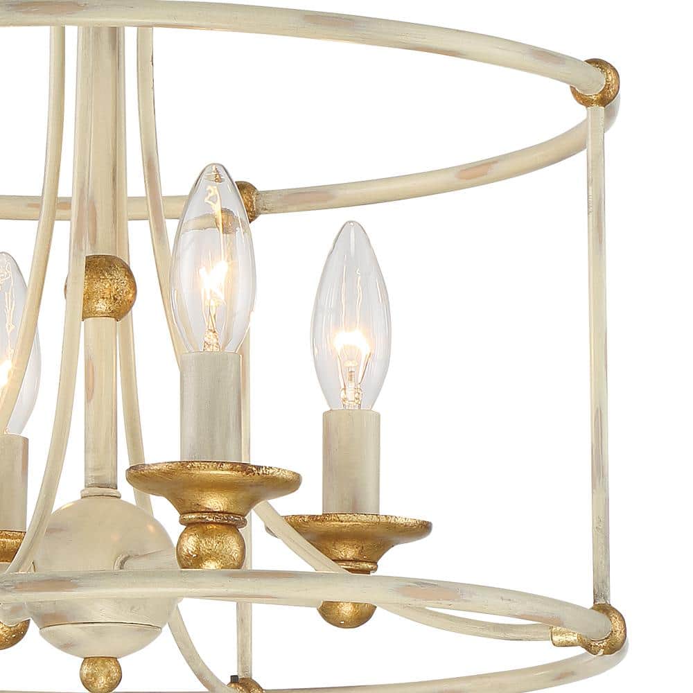 Farmhouse White and Gold 4-Light Glass Drum Ceiling Fixture