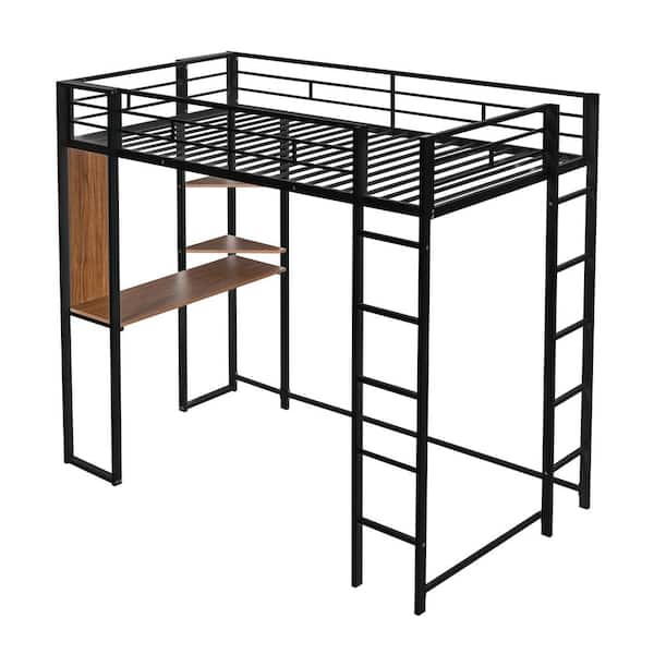 URTR Silver Twin Size Metal Loft Bed with 2 Shelves and Desk Loft Bed ...