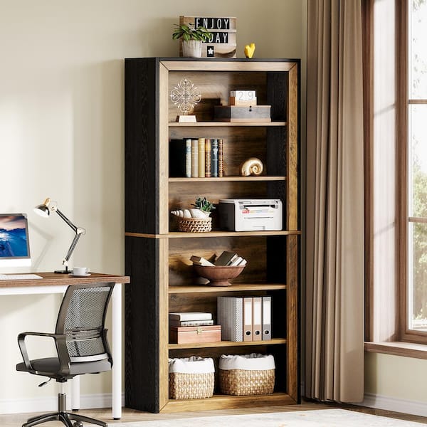 BYBLIGHT Eulas 74.4 in. Tall Brown and Black Wood 6-Shelf Open Display Bookcase, Storage Cabinet for Home Office