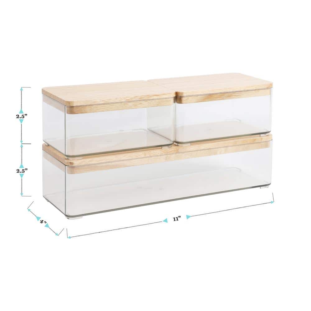 Clear Plastic Stackable Storage Boxes with Light Natural Paulownia Wood Lids, Set of 3