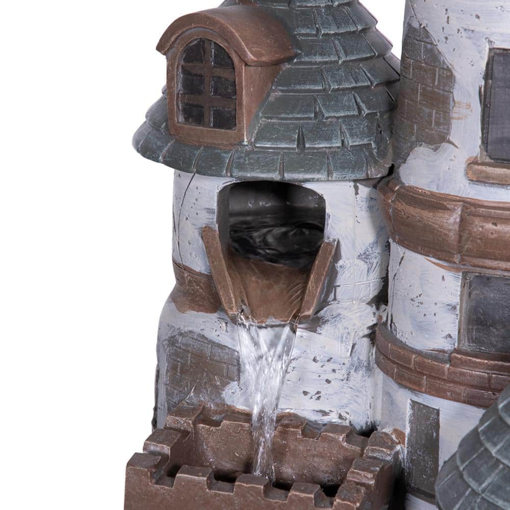 35" Gray Cement Outdoor Castle Fountain with LED Lights