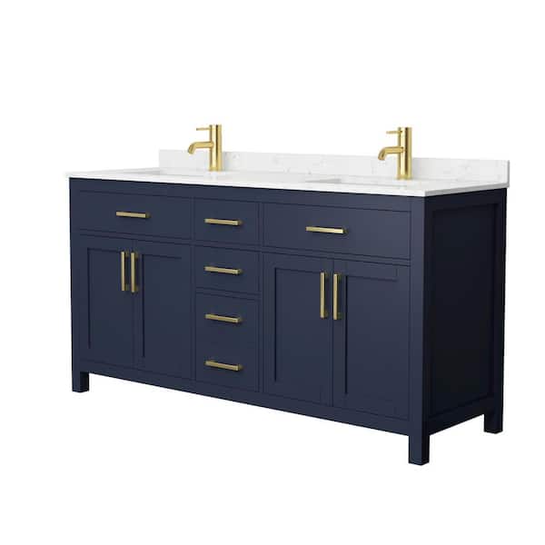 Wyndham Collection Beckett 66 in. W x 22 in. D Double Vanity in Dark Blue with Cultured Marble Vanity Top in Carrara with White Basins