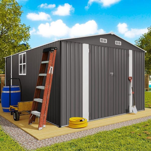 10 ft. W x 14 ft. D Metal Shed with 3-Lockable Doors and Clear Window, Durable Garden Sheds in Grey (138 sq. ft. )