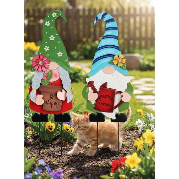 Unbrand 27.6 in. 2-Pack Metal Gnome Garden Stakes - Flower Spring