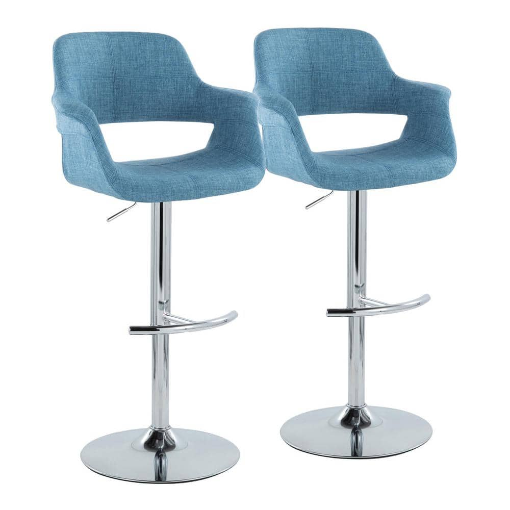 Lumisource Vintage Flair 47.5 in. Blue Fabric & Chrome Metal High Back Adjustable Bar Stool with Rounded "T" Footrest (Set of 2)