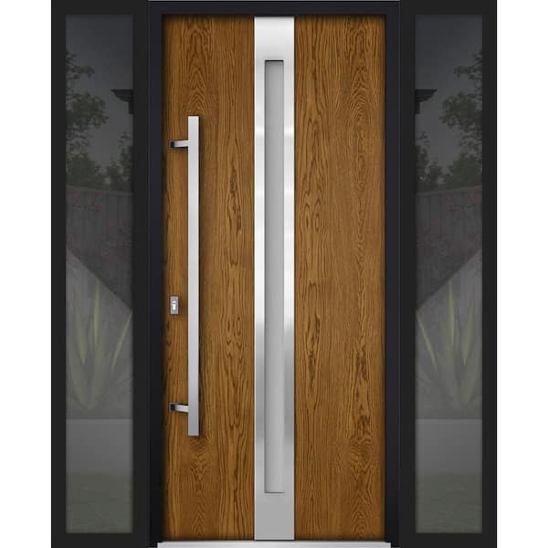 VDOMDOORS 64 in. x 80 in. Right-Hand/Inswing 2 Sidelights Frosted Glass Natural Oak Steel Prehung Front Door with Hardware