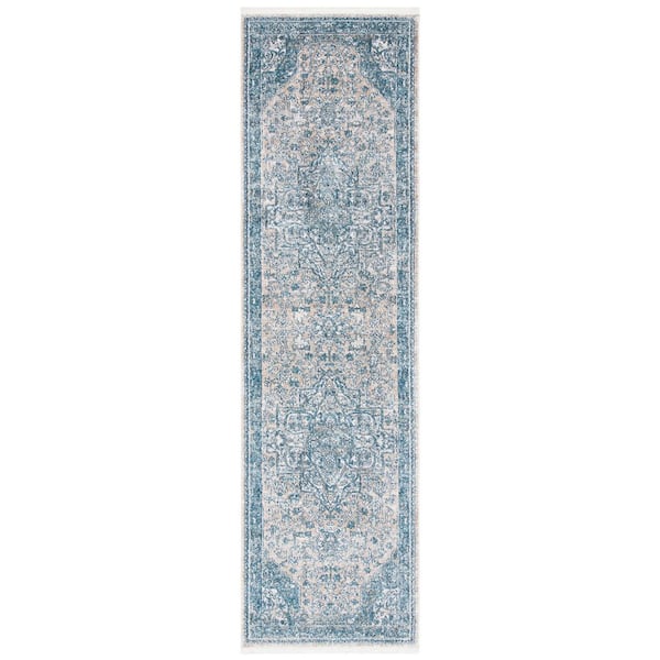 Victoria 2 ft. x 12 ft. Blue/Gray Floral Distressed Runner Rug
