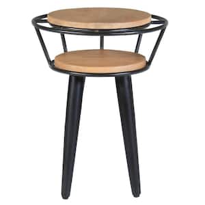 Industrial 16 in. White Oak and Black Round Wood End Table with 2-Tier Round Wooden Shelving and Metal Frame