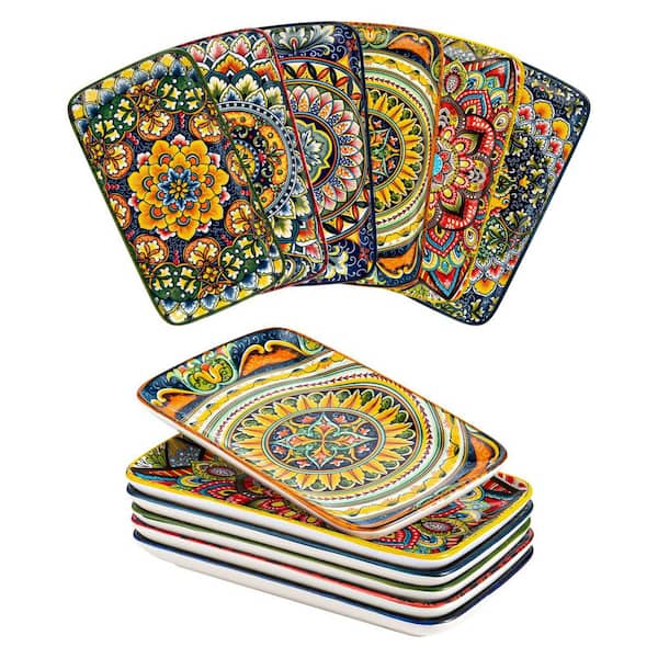 8 Inch Ceramic Rectangular Dessert Plates Set of 6 with Bohemian Design for Sushi, Appetizer, Cake Combo