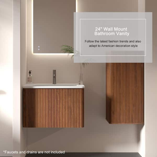 ENYA 24 in. W x 18.3 in. D x 15.6 in. H Single Sink Floating Bath Vanity in Walnut with White Caremic Top