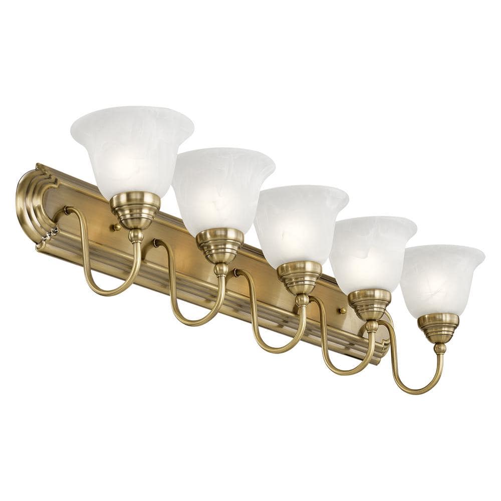 Antique Brass 36" 5-Light Vanity with Alabaster Glass