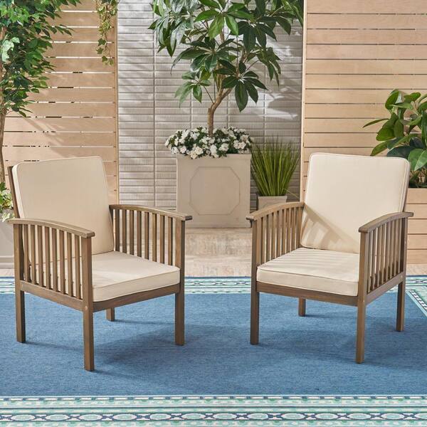 Noble House Cordoba Gray Stationary Wood Outdoor Lounge Chair with Cream Cushions (2-Pack)