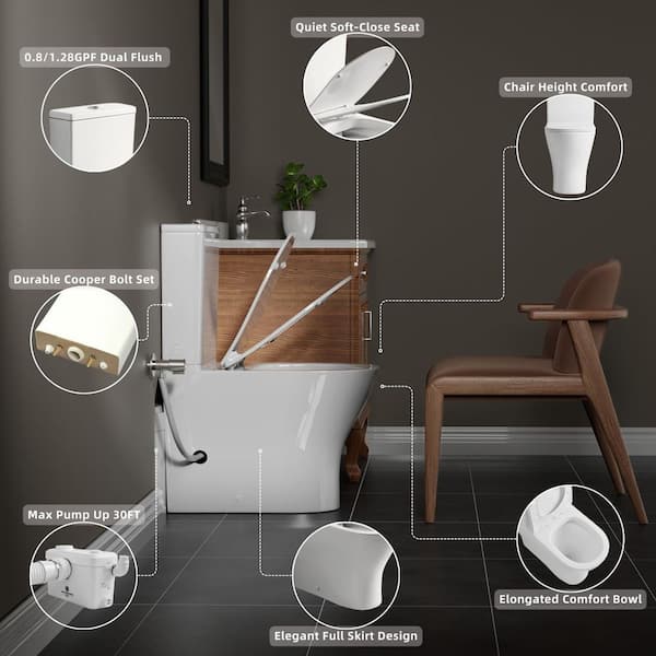 Macerating Toilet System w/750W Toilet Pump 4-Water Inlets, Dual-Flush in Skirted Elongated Bowl White, Dual-Use AC Vent