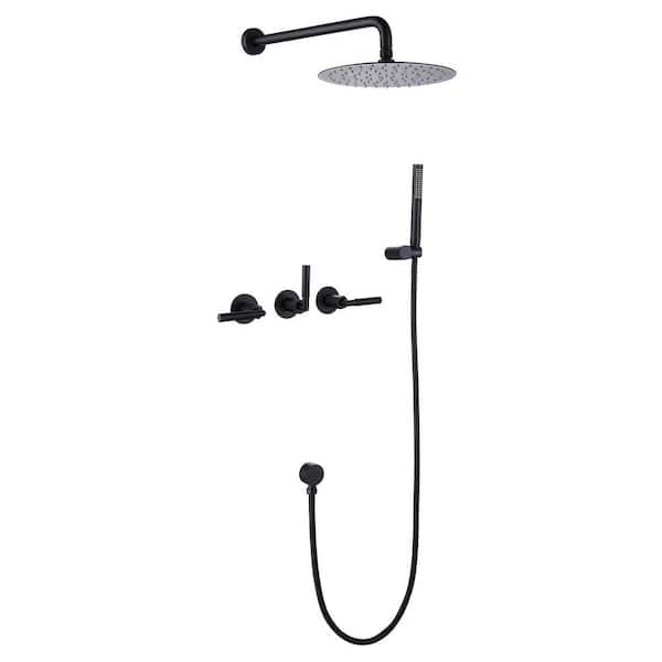 Dimakai 3-Handle 1-Spray Patterns with 3.1 GPM 9.84 in. Wall Mount Dual Shower Heads in Matte Black