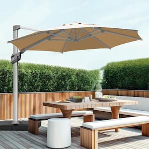 11 ft. Aluminum Patio Offset Umbrella Outdoor Cantilever Umbrella, 360° Rotation Device And Cross Base in Beige