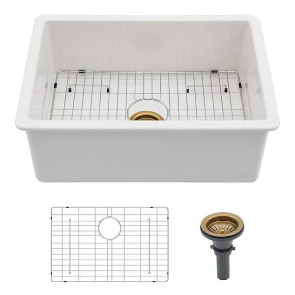 27 in. Undermount Singel Bowl 16 Gauge White Ceramic Kitchen Sink with Gold Basket Strainer