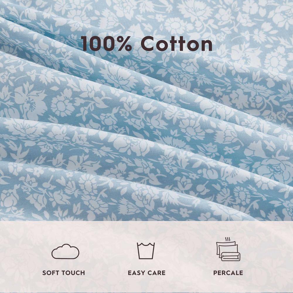 Blue Floral Cotton Percale Twin Sheet Set