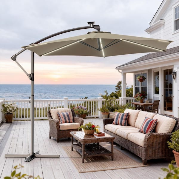 10 ft patio umbrella home depot JOYESERY 10 ft. Solar Patio Umbrella with 6-LED Strips, Secure Lock and Raised Base Pole, Stable Outdoor Umbrella in Taupe