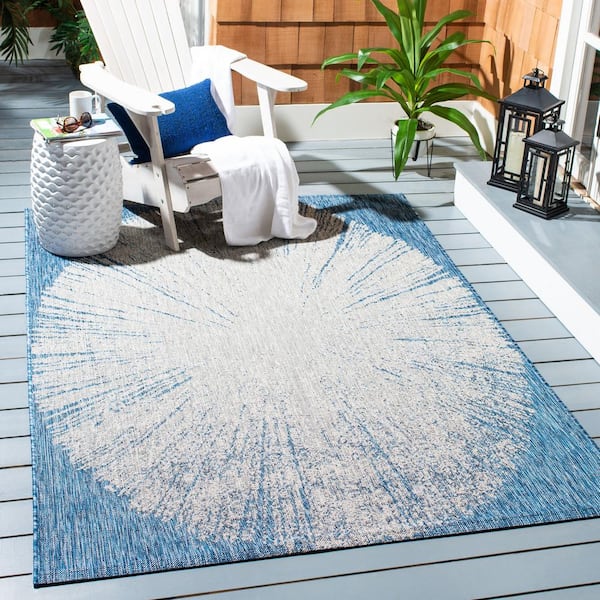Courtyard Navy/Gray 7 ft. x 7 ft. Floral Abstract Indoor/Outdoor Square Area Rug
