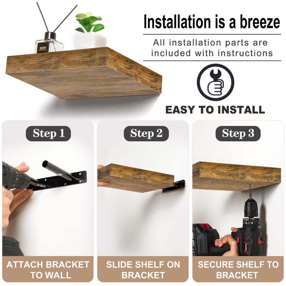Walnut Wood Floating Accent Shelf Set for Living Room or Bedroom